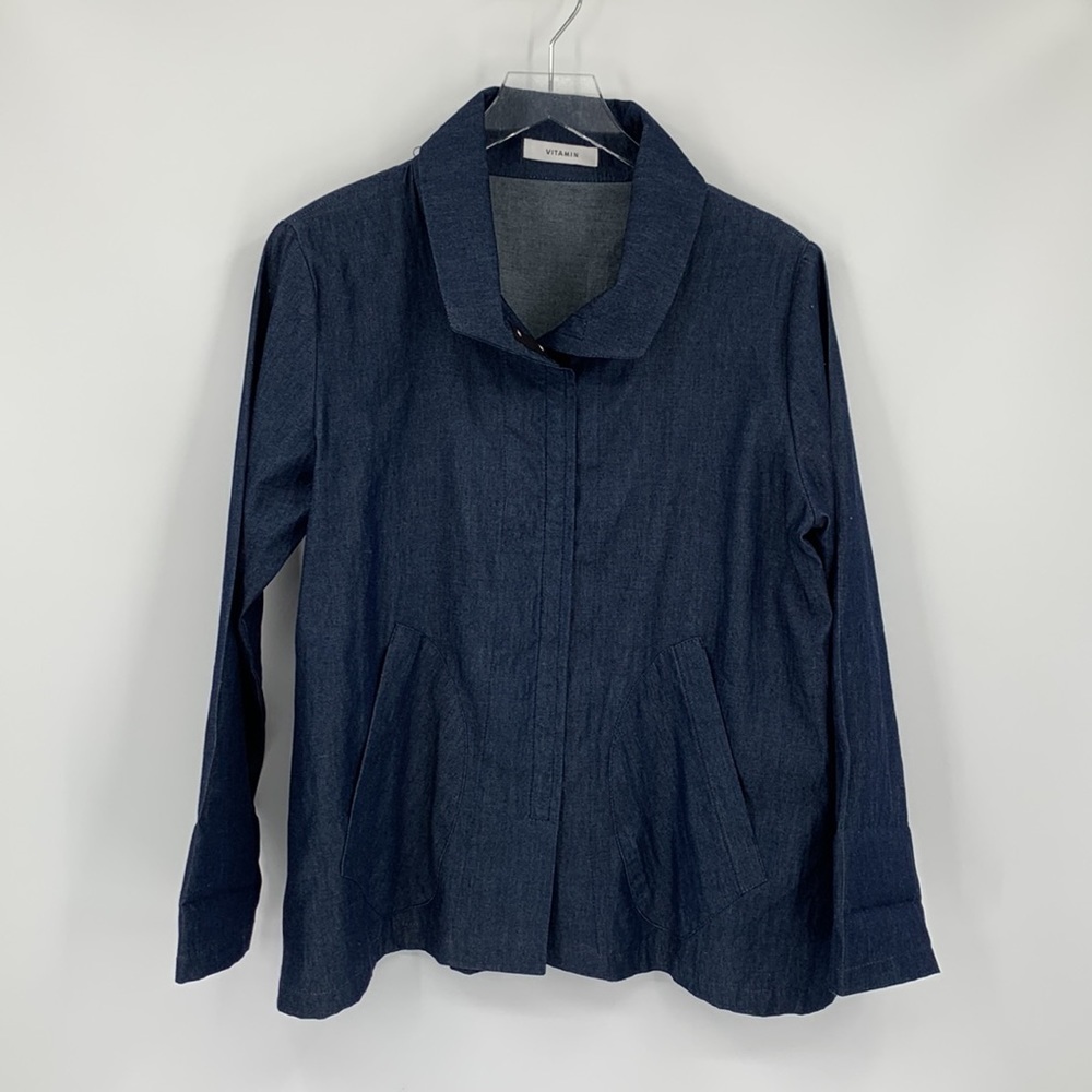 Vitamin denim a-line shirt jacket dark blue wash top blouse collar Small